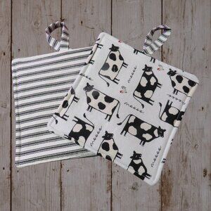 Handmade Potholder, Set of 2, Reversible Cows and White and Black Ticking Quilte